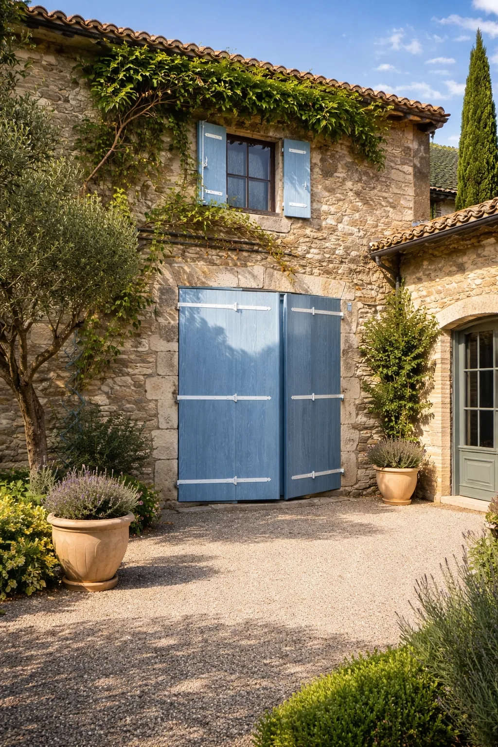 Volets battants bleus sur une maison en pierre