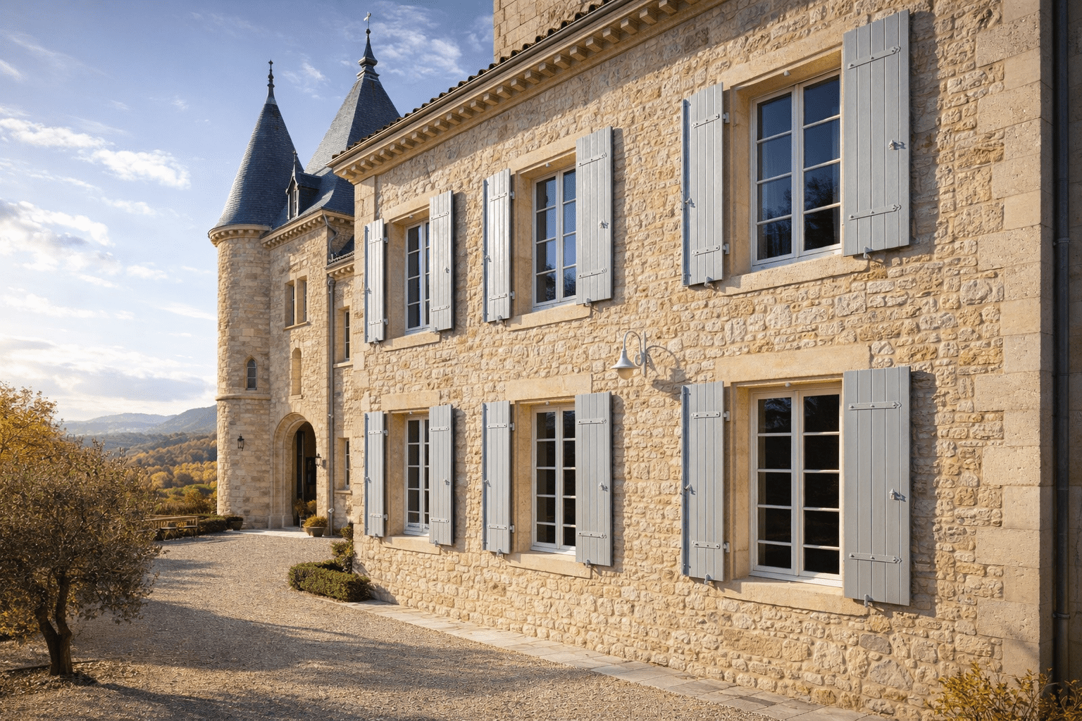 Façade en pierre avec volets battants gris sur plusieurs fenêtres